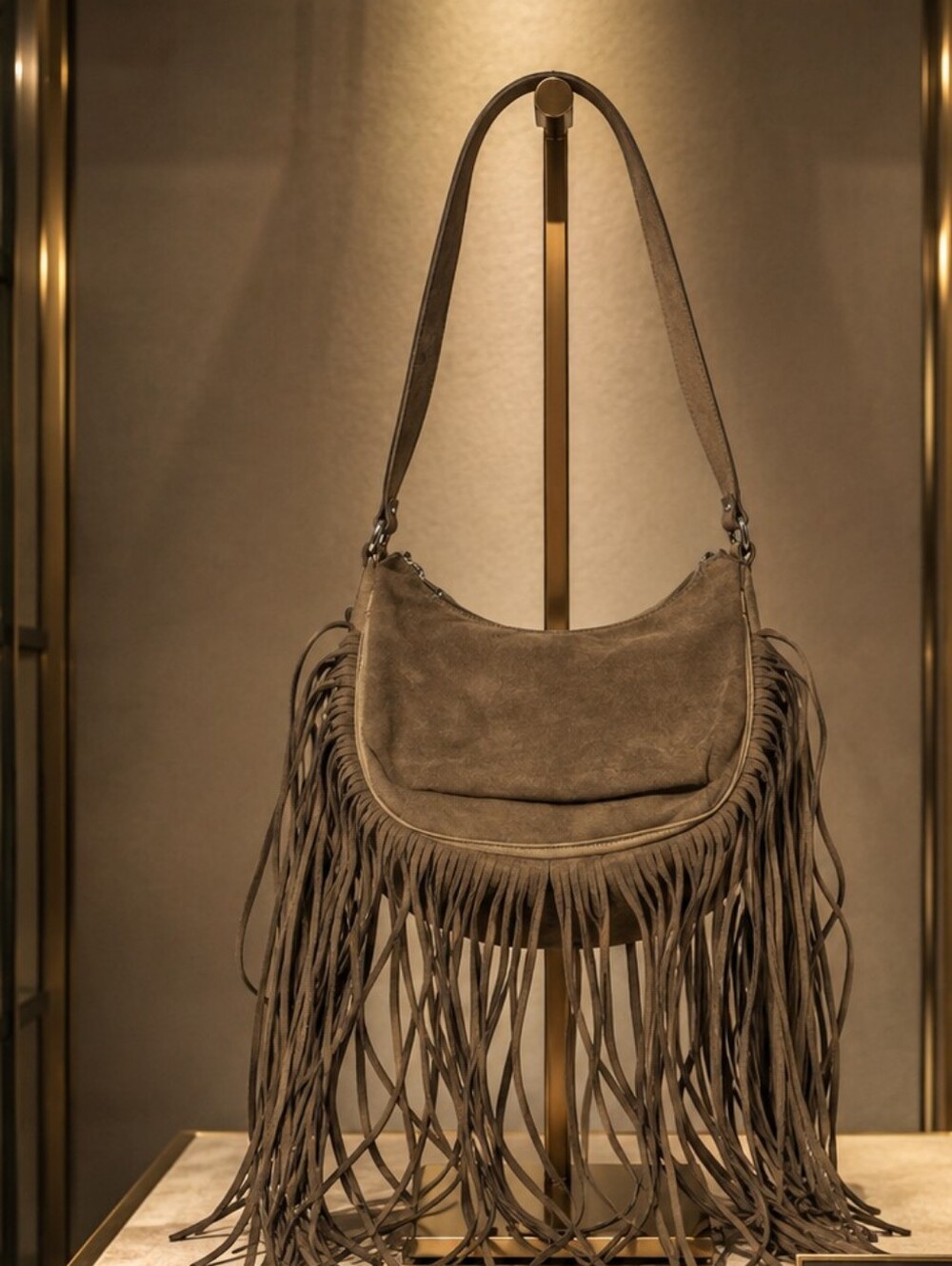 Fringed Suede Shoulder Bag - Taupe